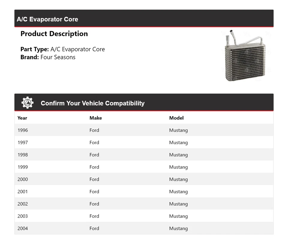 Para 1996-2004 Ford Mustang A/C evaporador núcleo 4 estações 1997 1998 1999 2000 - Imagem 2 de 4