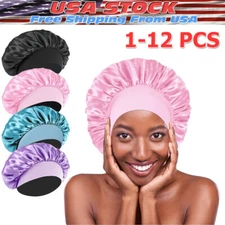 Women Satin Bonnet Night Sleep Cap Hair Hat Silk Head Cover Wide Elastic Band