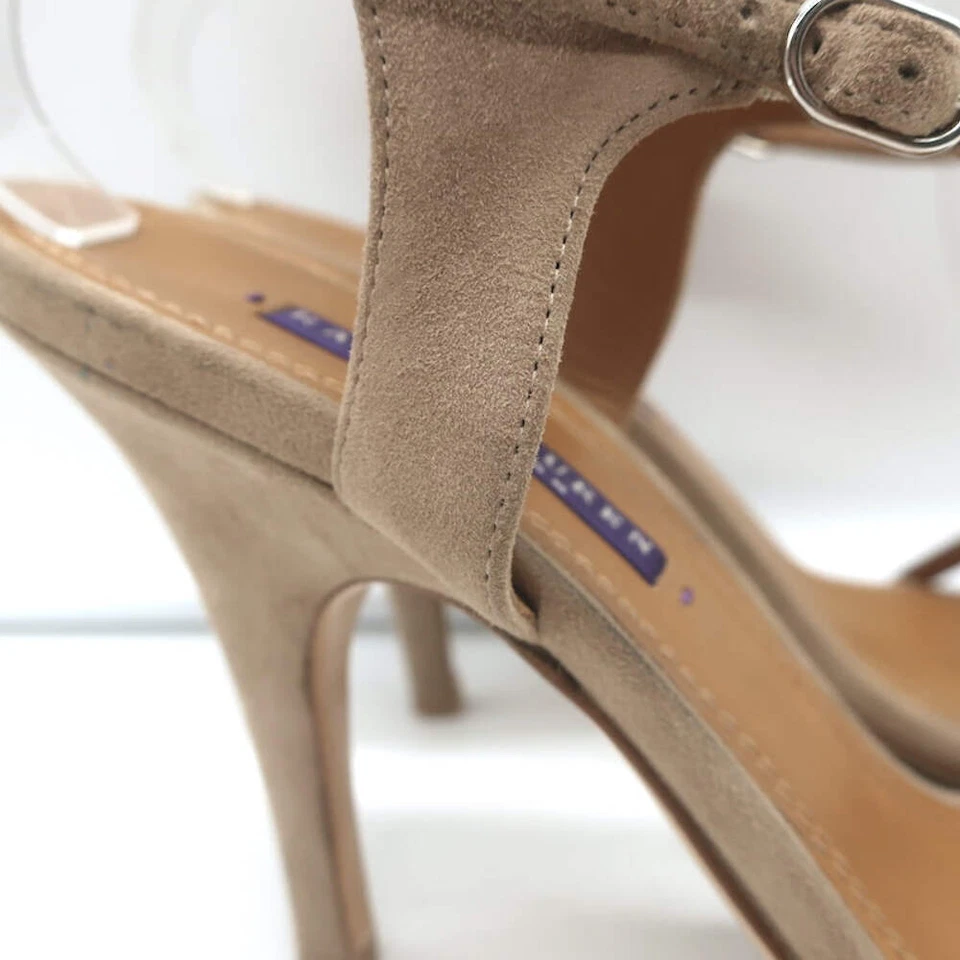 Sandálias Ralph Lauren Roxa Etiqueta Cruzada Bege Camurça Tamanho 8.5 Biqueira Aberta Salto - Imagem 3 de 4