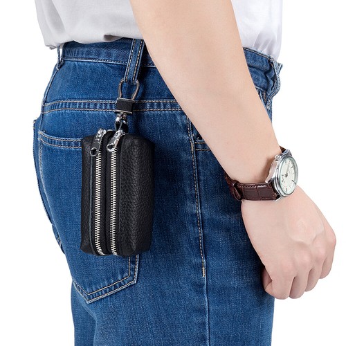Genuine Leather Car Key Case Wallet Unisex Double Zipper Keychain Coin Purse Bag - Picture 15 of 26