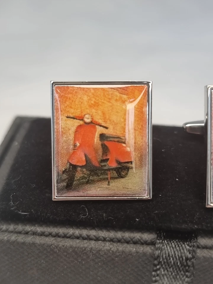 Винтажные запонки из нержавеющей стали с эмалью для мопеда с оригинальной коробкой. - Изображение 2 из 4