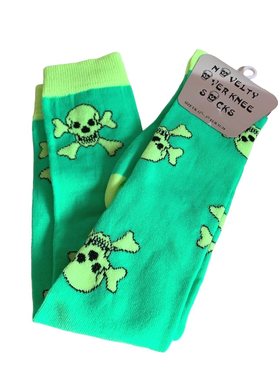 Neon Green Long Socks Skull Crossbones UK size 12 to 3 EU 31 to 34 Over