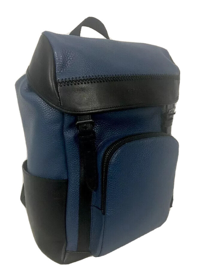 【Coach】HENRY BACKPACK LATHER BLACK Coach Henry Mens Backpack Pebble Leather Stitch Indigo Blue/Black