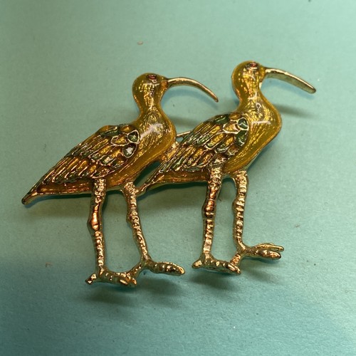 Vintage Enamel Gold Tone Unique Enamel Storks Brooch / Pin
