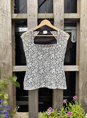 Vintage Next White Floral Lace Sleeveless Square Neck Blouse Size