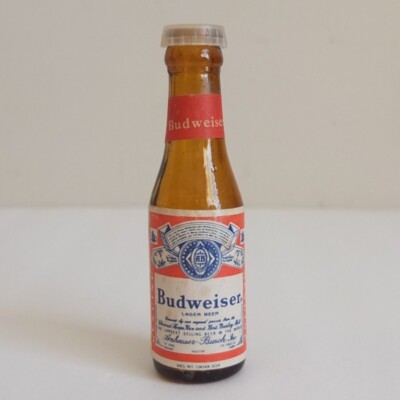 one vintage Budweiser Lager Beer mini glass bottle salt or pepper shaker, c.1970