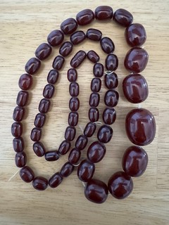 Bakelite Dark Cherry Red Amber Bead Necklace 83g Vintage 32” Long