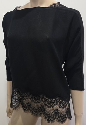 Sandro Paris Damen-Top schwarz Spitzenbesatz tiefer V-Ausschnitt Größe 1/UK 8/EU36