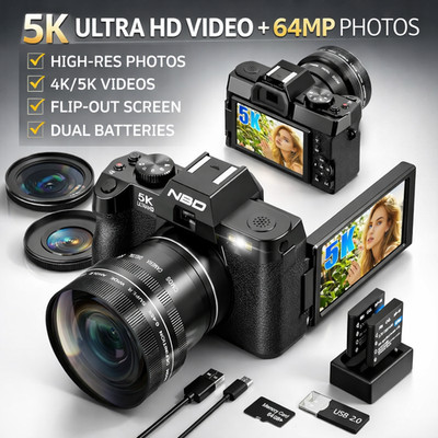 5K 64MP Digital Cameras for Photography, with Wide Angle & Macro Lens, Wi-Fi,16X
