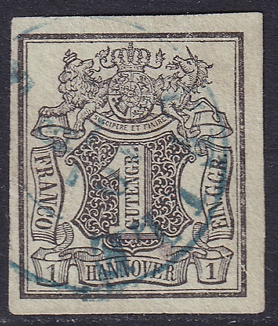 Hannover (Germany) 1851 fine used Coat of Arms issue 1 Gr on green paper