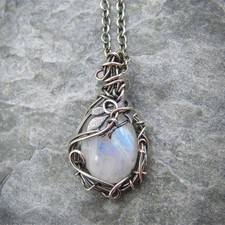 White Rainbow Moonstone Gemstone Silver Vintage Style Necklace- Pendant