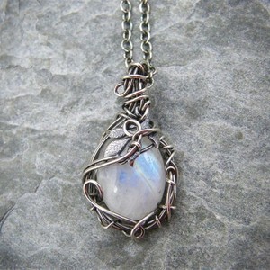 White Rainbow Moonstone Gemstone Silver Vintage Style Necklace- Pendant