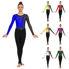 Womens Rompers Leotard Bodysuit Dancewear Jumpsuit Competition Rhinestone Mesh