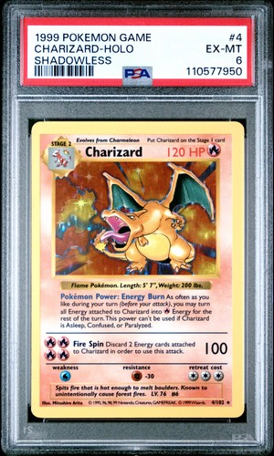 1999 POKEMON BASE SET SHADOWLESS #4 CHARIZARD HOLO PSA 6
