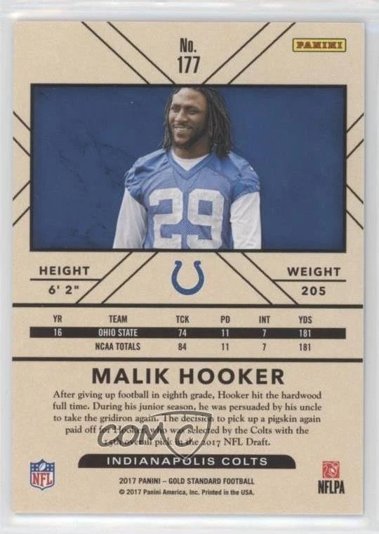 2017 Panini Gold Standard Rookies Platinum /49 Malik Hooker #177 Rookie RC - Image 2 of 2