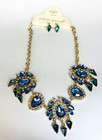 Gold Tone Blue Green Rhinestone Statement Necklace & Earrings Set