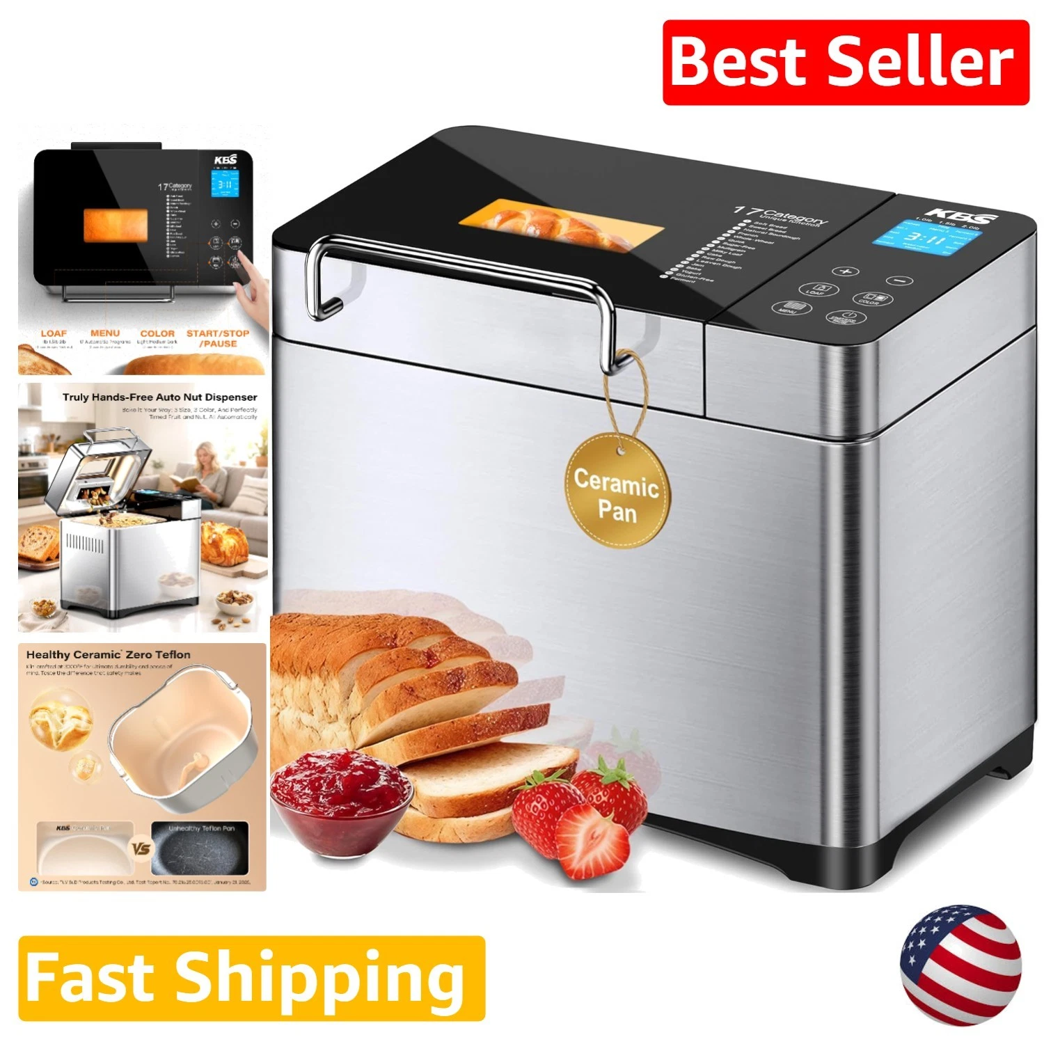 Pro 710W 2LB Stainless Steel Bread Maker, Healthy Ceramic Pan, Smart Touch Panel