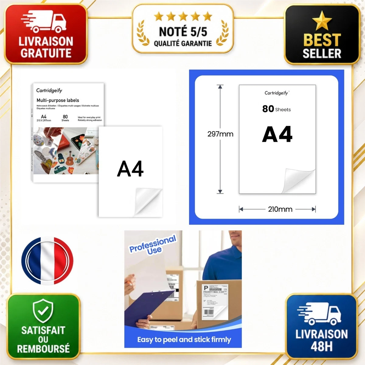 Papier autocollant A4 Cartridgeify 80 feuilles mat 210x297 mm laser jet d'encre