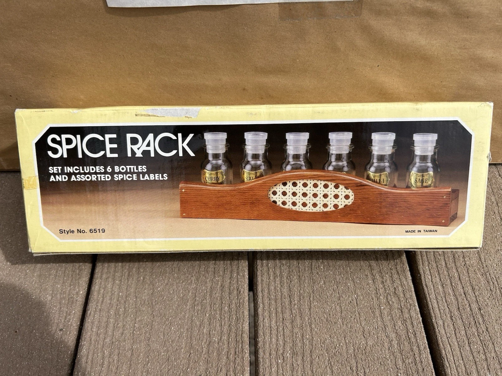 Vintage Wooden Spice Rack Set w/ 6 Glass Bottles & Labels – In Box