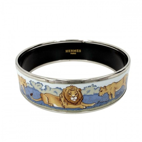 HERMES Emaille GM Bangle Lion Enamel Blue Black Silver Bracelet Ladies Authentic