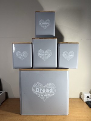 Grau Küche Aufbewahrung Kanister Set mit Brotkasten Tee Kaffee Zucker & Keksdosen