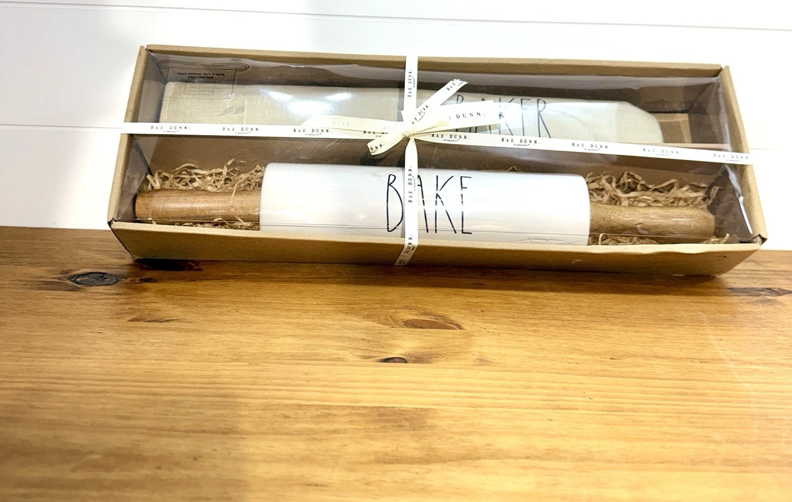 NEW Rae Dunn BAKE Rolling Pin & BAKER Apron Gift Set Farmhouse Kitchen NEW