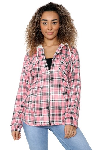 Ladies Hooded Check Baggy Long Sleeve Shacket Top Womens Shirt Blouse Jacket - Picture 2 of 6