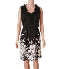 Spence Black & White Floral Dress 14 Sleeveless Ruffle Neckline Side Zip Pockets