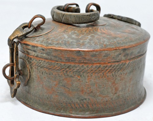 Antique Copper Round Chapati Bread Box Original Old Hand Crafted Fine Engraved - Picture 3 of 9