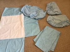 Pottery Barn Land of Nod blue crib set and drapes