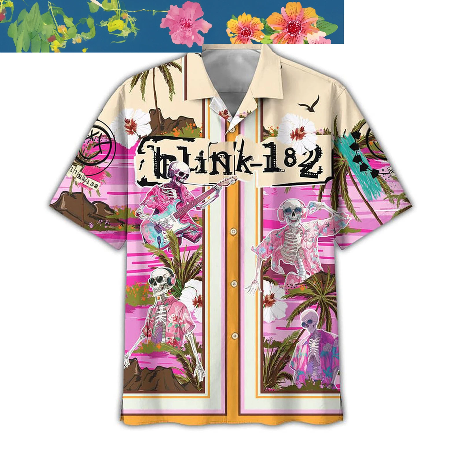 B182 Dancing Skull Surfing Beach Hibiscus Pink Hawaiian Shirts
