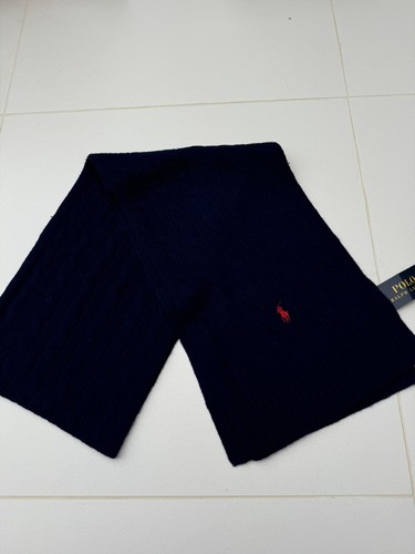 POLO RALPH LAUREN Men's Wool Cable Knit Navy Blue Pony Muffler Scarf 10" x 72" - 第 1/5 張圖片