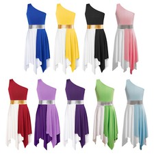 Kids Girls Dancewear Single Shoulder Dress Tunic Maxi Decorations Children Teen