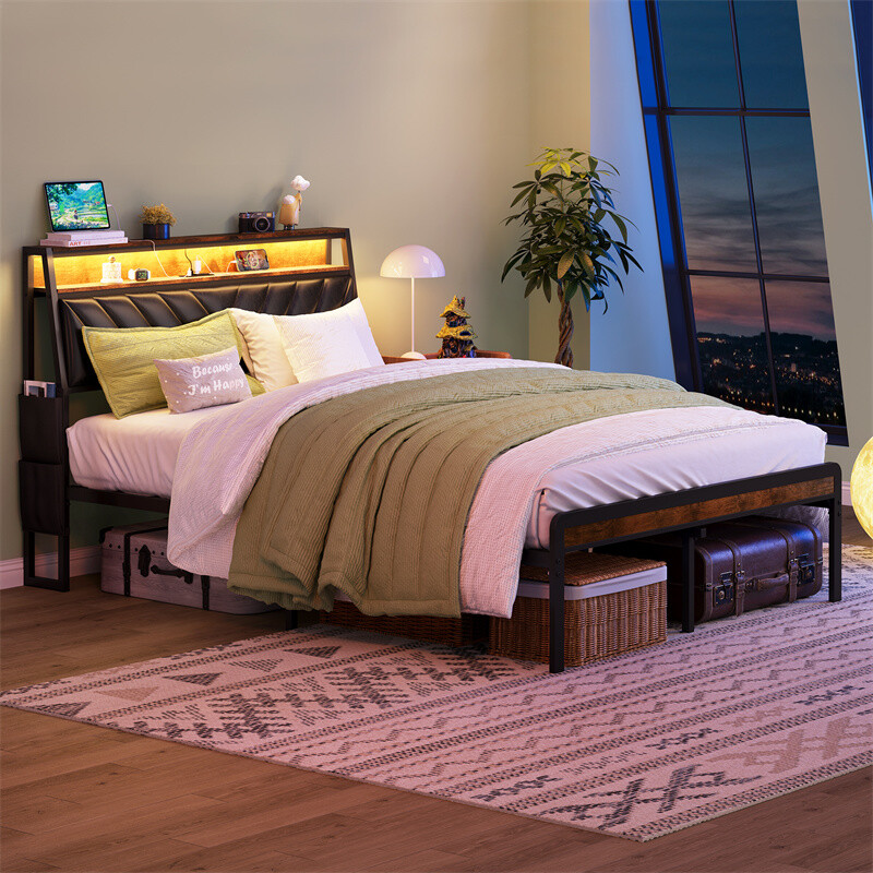 Queen Bed Frame w/Leather Upholstered Headboard,LED Light & Hanging Bags on Side