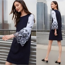 NWT Loft Eyelet Scallop Bellsleeve Sheath Blue Dress Size XS