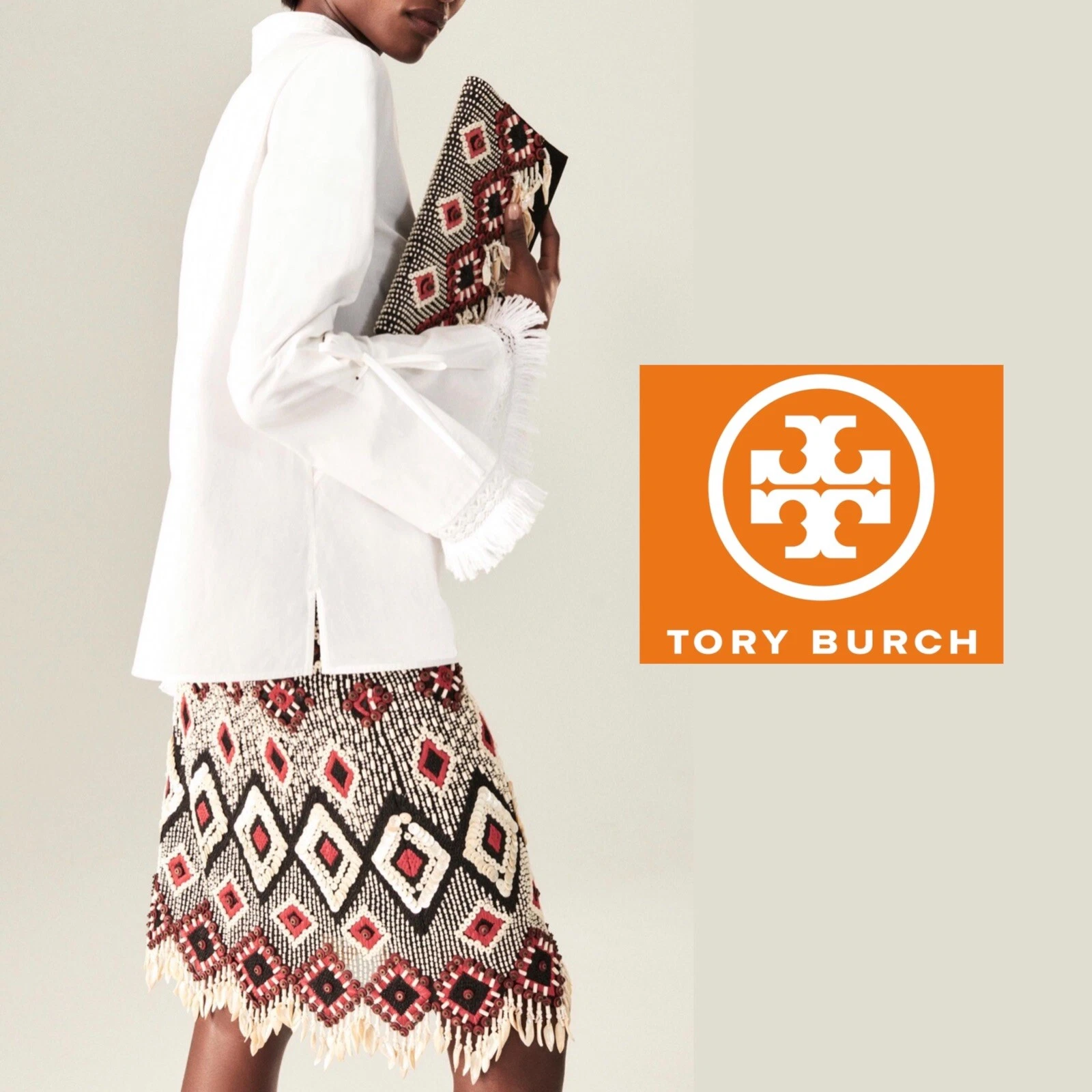 NUOVA camicetta da donna bianca Tory Burch Sophie taglia 0 cotone manica a frange a campana