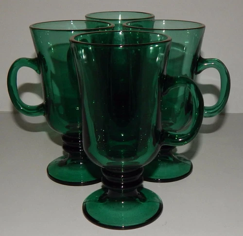 4 Libbey Gold Rim Juniper Green Glass Irish Coffee Pedestal Mugs Gold Trim 