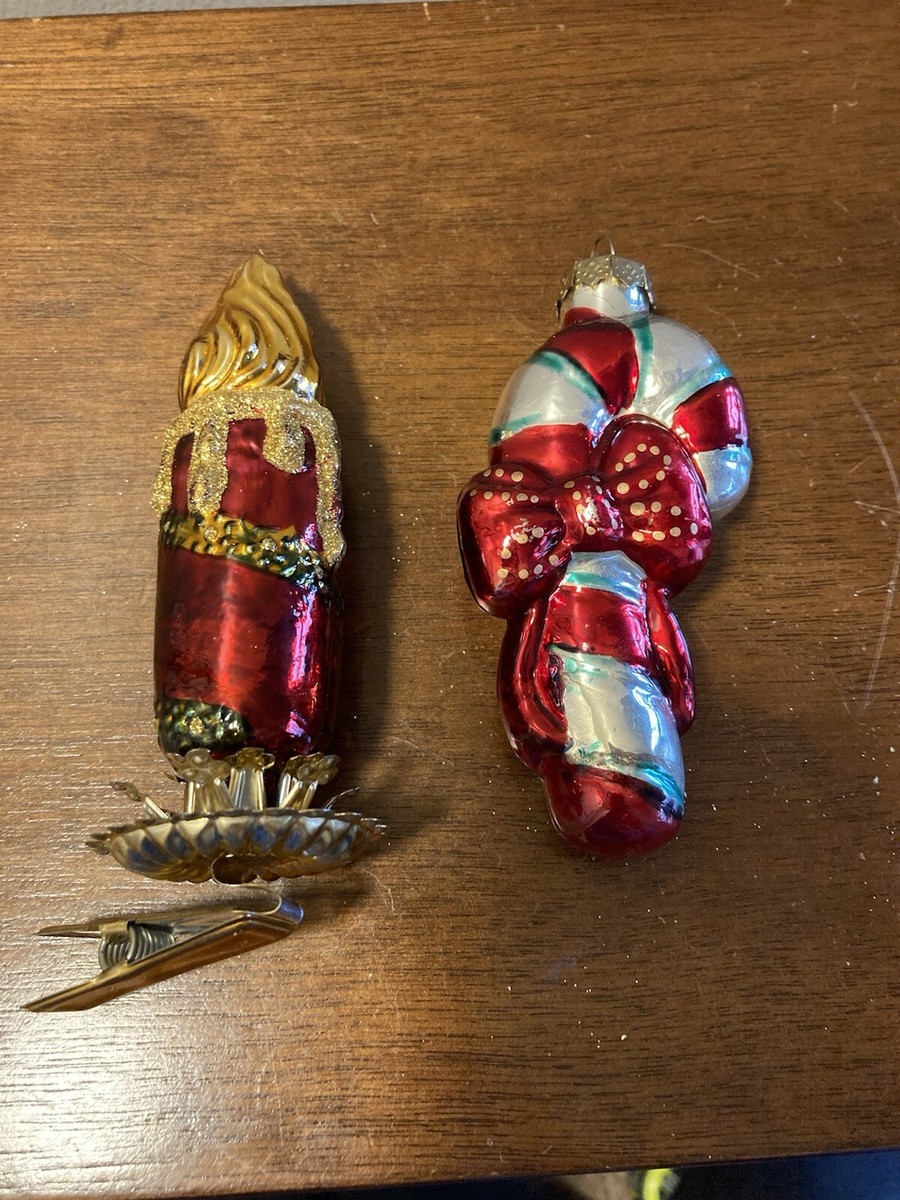 * vintage ornament ୨୧ キャンドル型 クリップオーナメント Vintage Glass Ornament Clip on Candle and Candy Cane Christmas