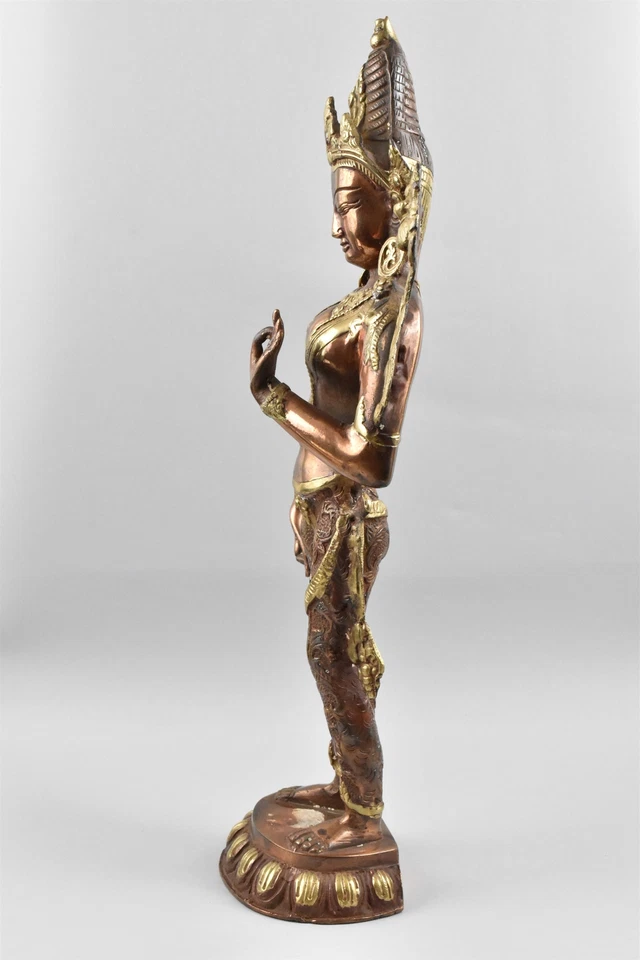 Estatua tibetana de bronce dorado aleación de cobre Tara Bodhisattva 16 pulgadas base de loto Foto 3 de 4