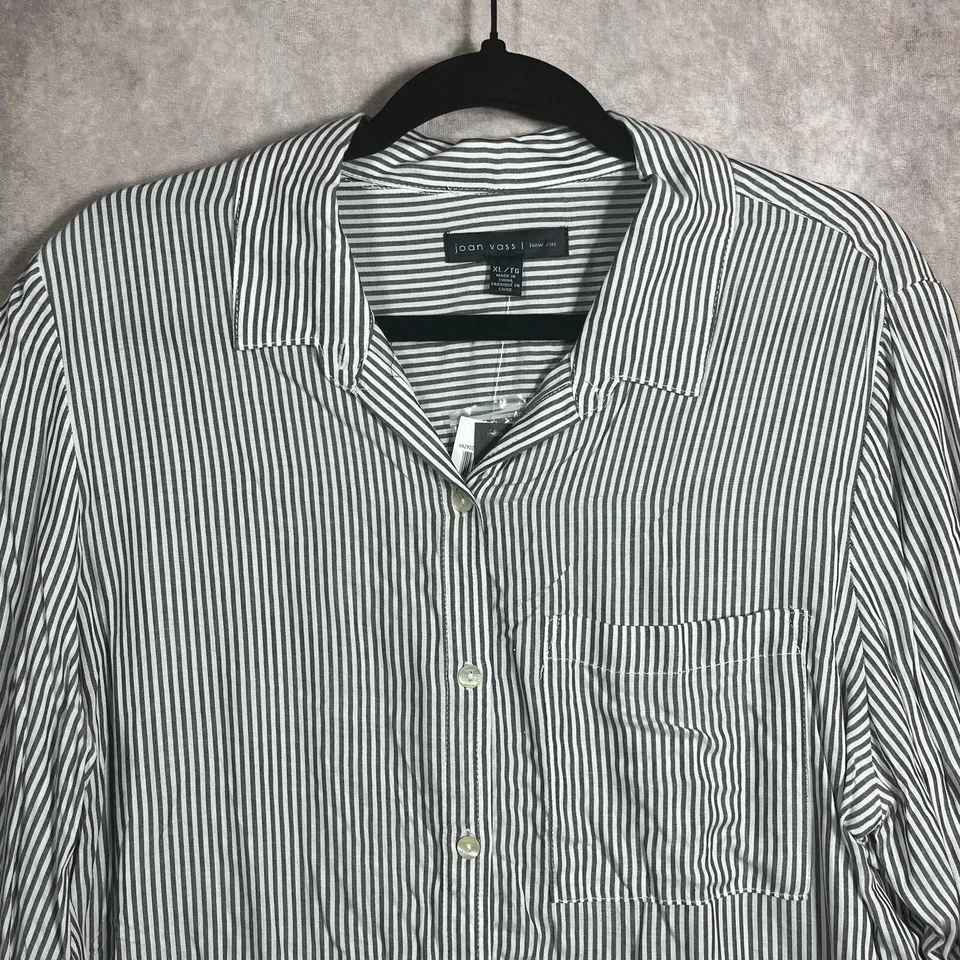 Camisa Joan Vass New York para mujer talla XL blanca negra a rayas mangas con lengüeta enrollable NUEVA Foto 2 de 4
