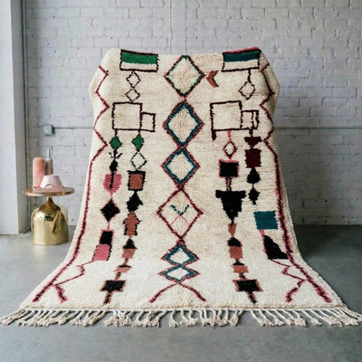 Handmade Azilal Rug Ivory Multicolor Symbols | Moroccan Berber Wool Carpet |