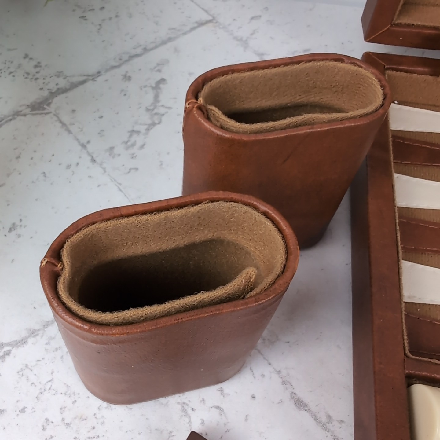 Vintage Backgammon Game Travel Case Set Faux Leather Tan Dark Brown 11" x 15"