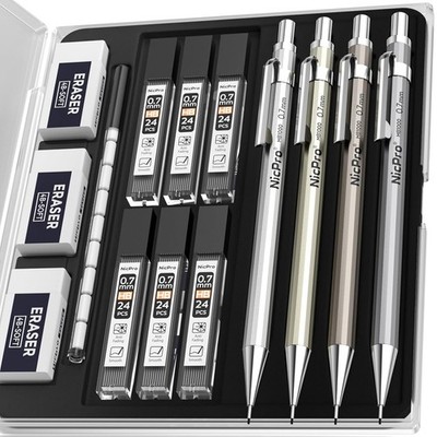 4 Pack Mechanical Pencil 0.7mm Metal Drafting Pencil Set Nicpro MB1000