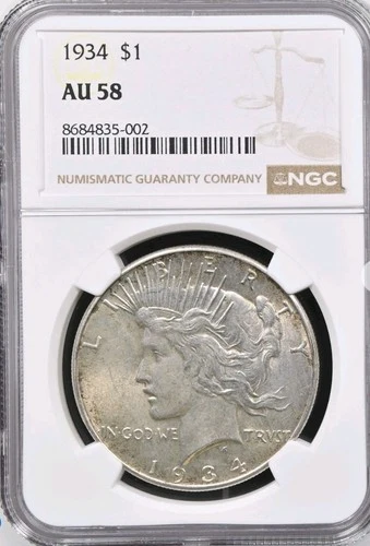 1934 Peace Silver Dollar $1 NGC AU58 BX 1 45
