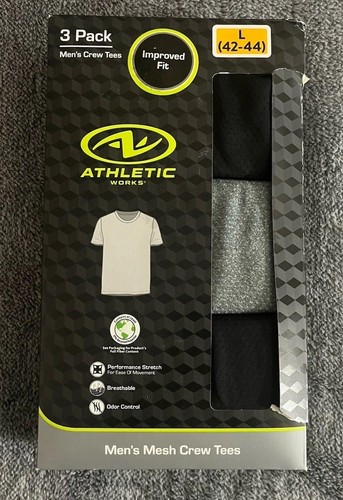 3 Pack Athletic Works Men Breathable Mesh Crew Tees Shirt Black Gray L 42-44