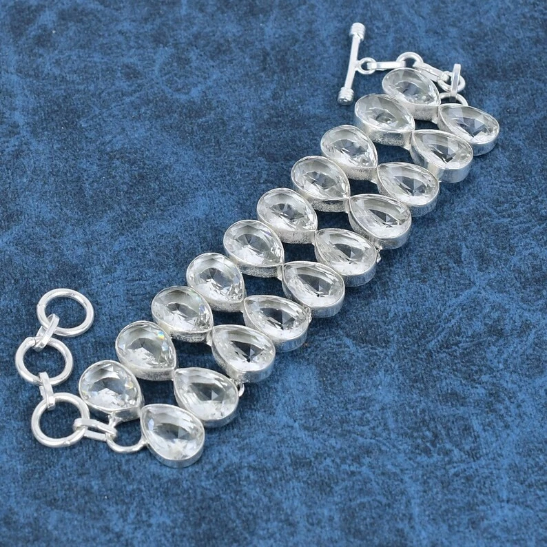 925 Sterling Silver White Topaz Gemstone Handmade Jewelry Bracelet-8" - Image 4 of 4