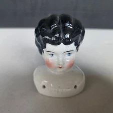 Vintage Porcelain Doll Head Black Hair Blue Eyes Collectible Craft Supply