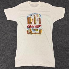 Vintage 70s Chicago Skyline Art Single Stitch T Shirt Mens XL White Made in USA