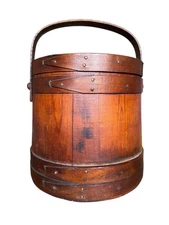Antique Wooden Firkin Sugar Bucket With Lid And Handle Gorgeous! About 10”T