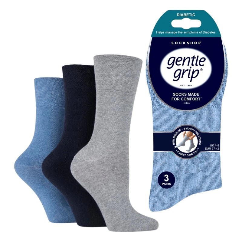 3 Pairs Ladies Gentle Grip Diabetic Seamless Toe Socks UK 4-8 Blue Mix